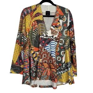 Inoah Multicolor Print Long Sleeve V Neck Sweater Womens S Lagenlook Artsy